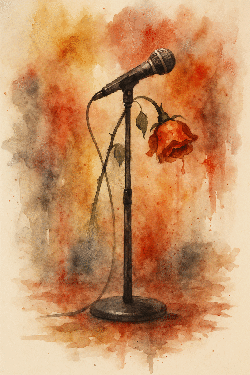 a wilting rose attached to a microphone and stand