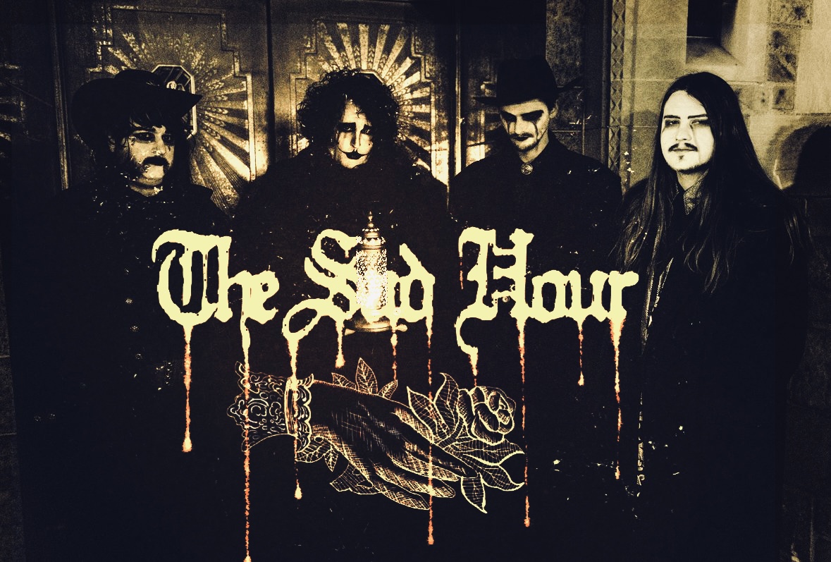 The Sad Hour, band portrait with hand-lettered drip logo and rose illustration